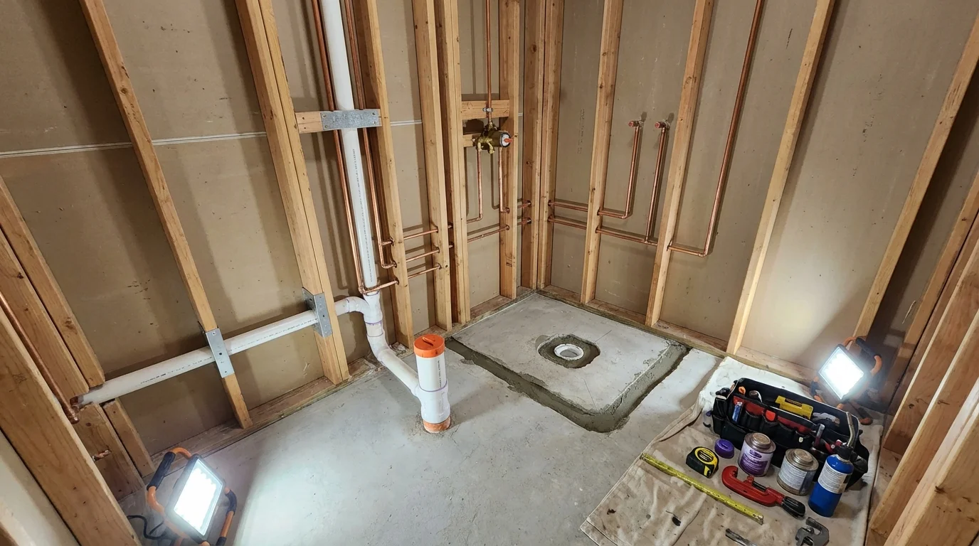 Bathroom rough-in plumbing during remodel by Johns Plumbing LLC in Ronceverte