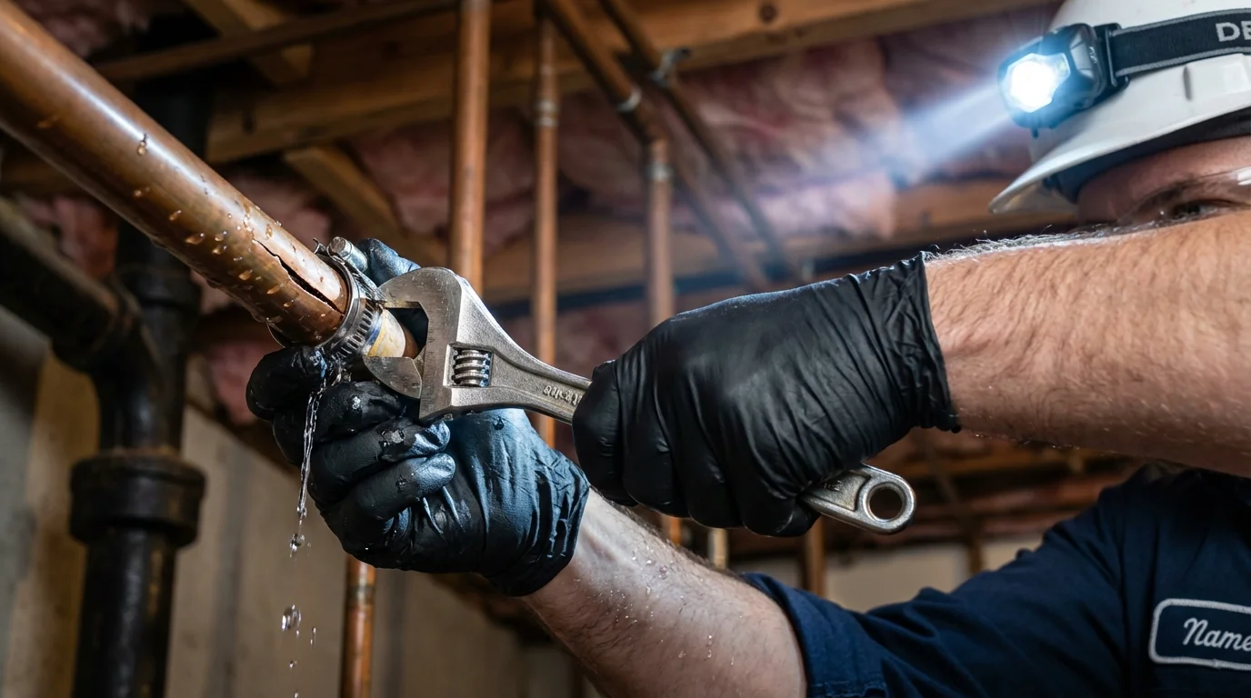 Emergency pipe clamp repair being performed by a Johns Plumbing LLC plumber in Ronceverte