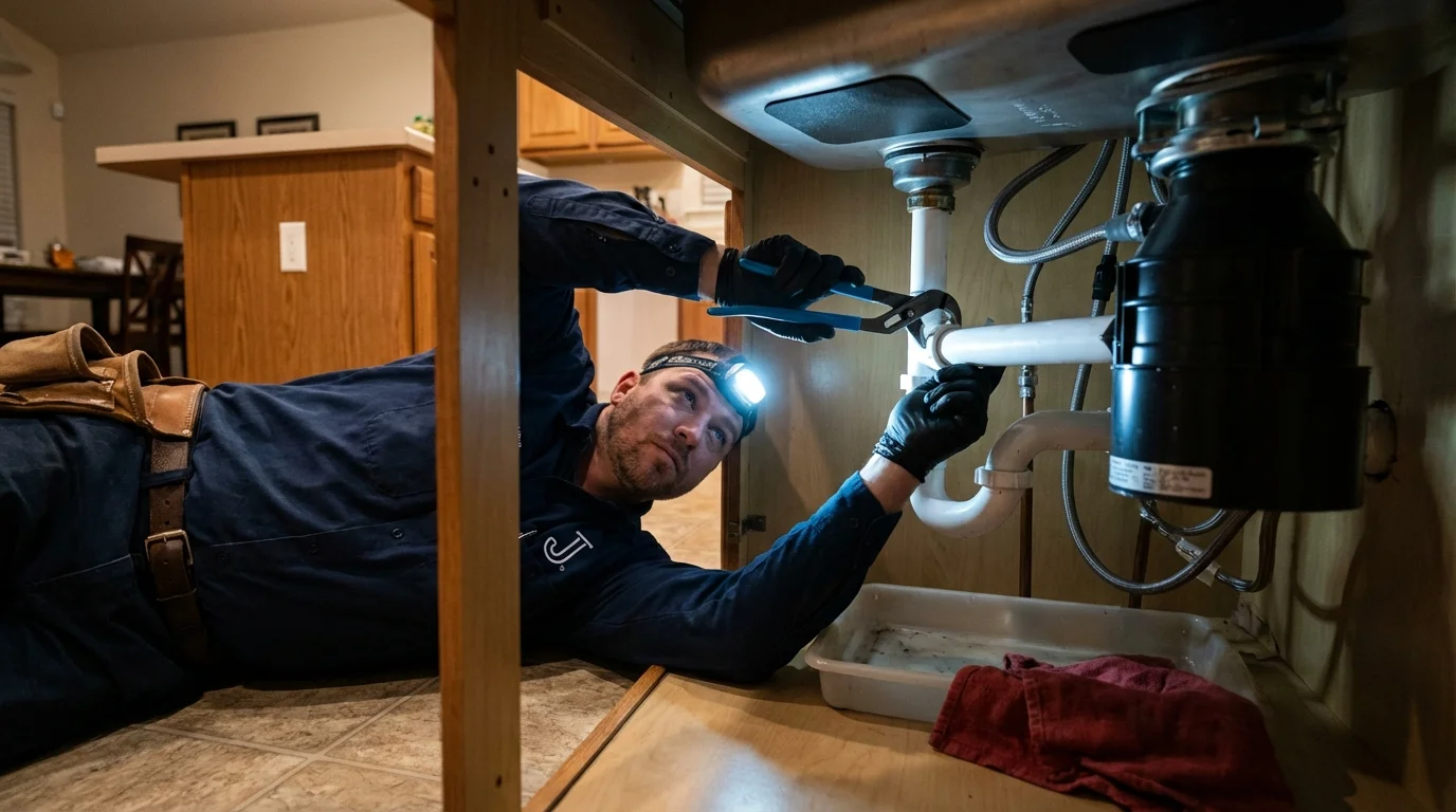 P-trap and supply line connections under a kitchen sink showing a common leak point in Ronceverte, WV